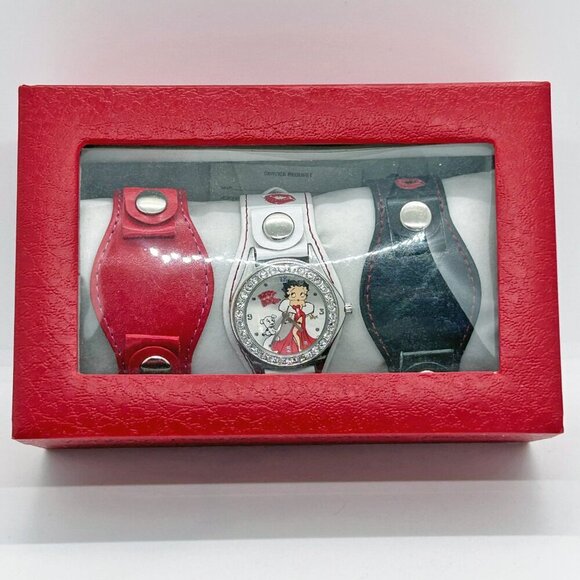 Betty Boop Watch set with 3 leather bands, New in Box - NEW BATTERY - Picture 4 of 7